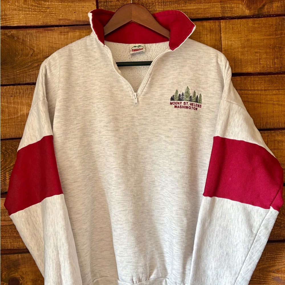 Mount St. Helens Washington Half-Zip Pullover Sweatshirt - Red & Heather Gray